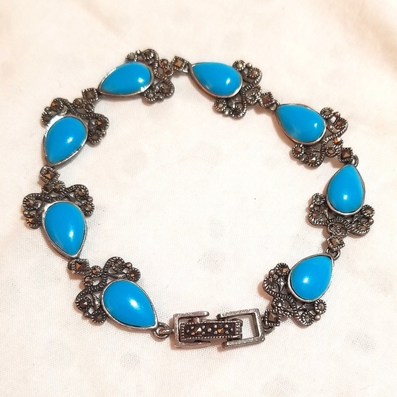 Persian Turquoise Marcasite Antique Sterling Silver Bracelet - Picture 4 of 8